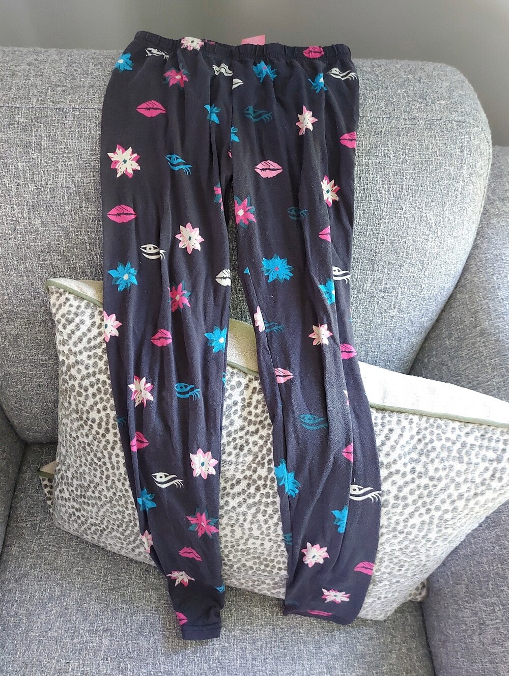 Black Leggings with Pink & Blue Floral and Lip Prints